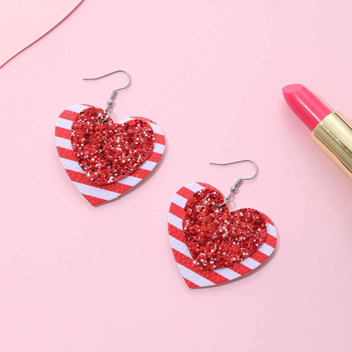 Wholesale Valentine's Day Love Shape Red and White Striped Sequins Glitt Leather Earrings