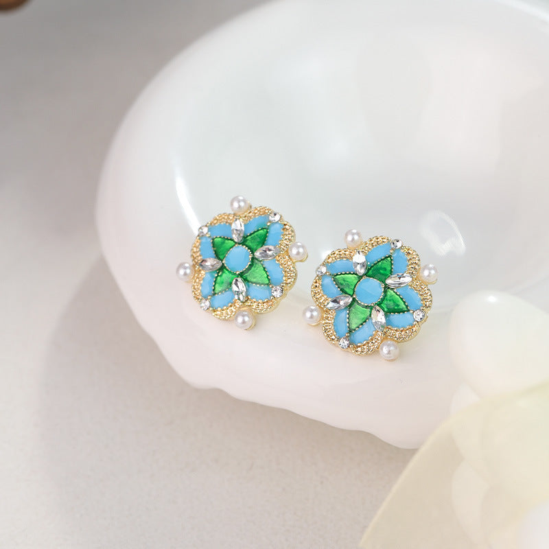 Wholesale New Chinese Retro Tile Geometric Square Color Oil Drop Inlaid Pearl Silver Needle Alloy Earrings