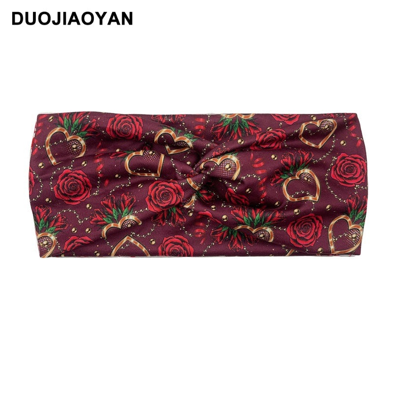Wholesale Valentine's Day Printed Heart Elastic Cross Hairband