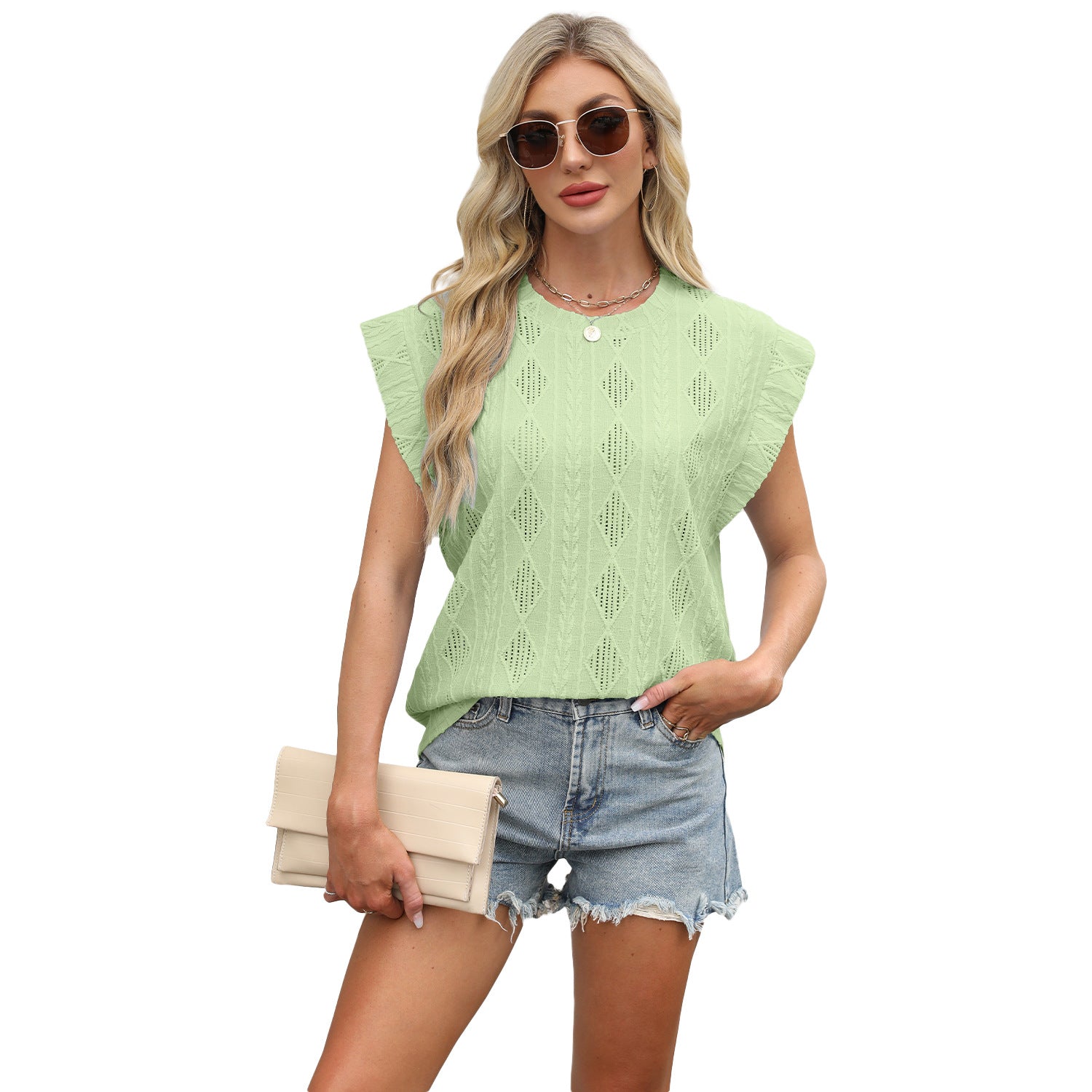 Wholesale spring and summer new round neck loose short sleeve T-shirt jacquard jacket vest women