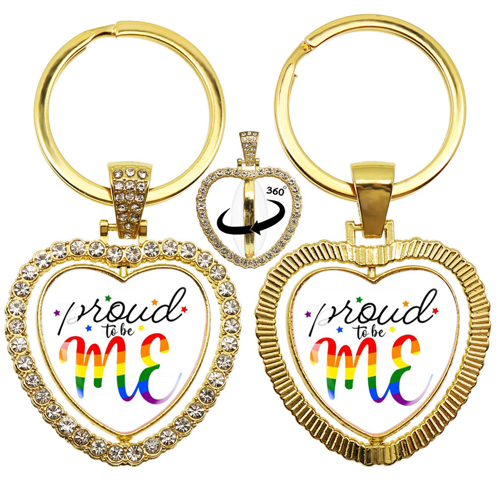 Wholesale LGBT Rainbow Rhinestone Heart Shaped 360 Degree Rotating Double Sided Metal Keychain
