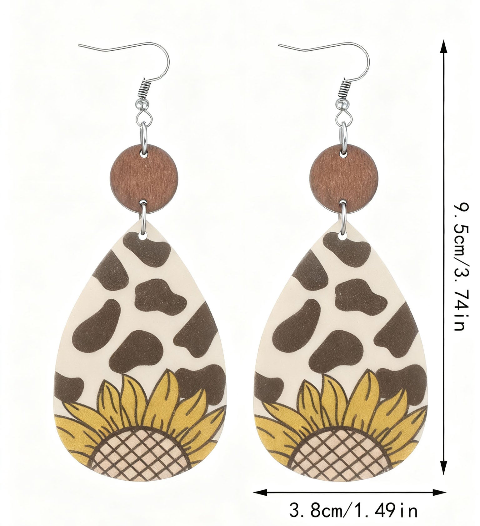 Wholesale Lightweight Retro Wooden Sunflower Cow Print Earrings Trendy Western Farm Style Jewelry Accessory Gift