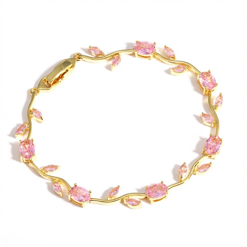 Wholesale Copper inlaid colored zircon flower branch and leaf bracelet