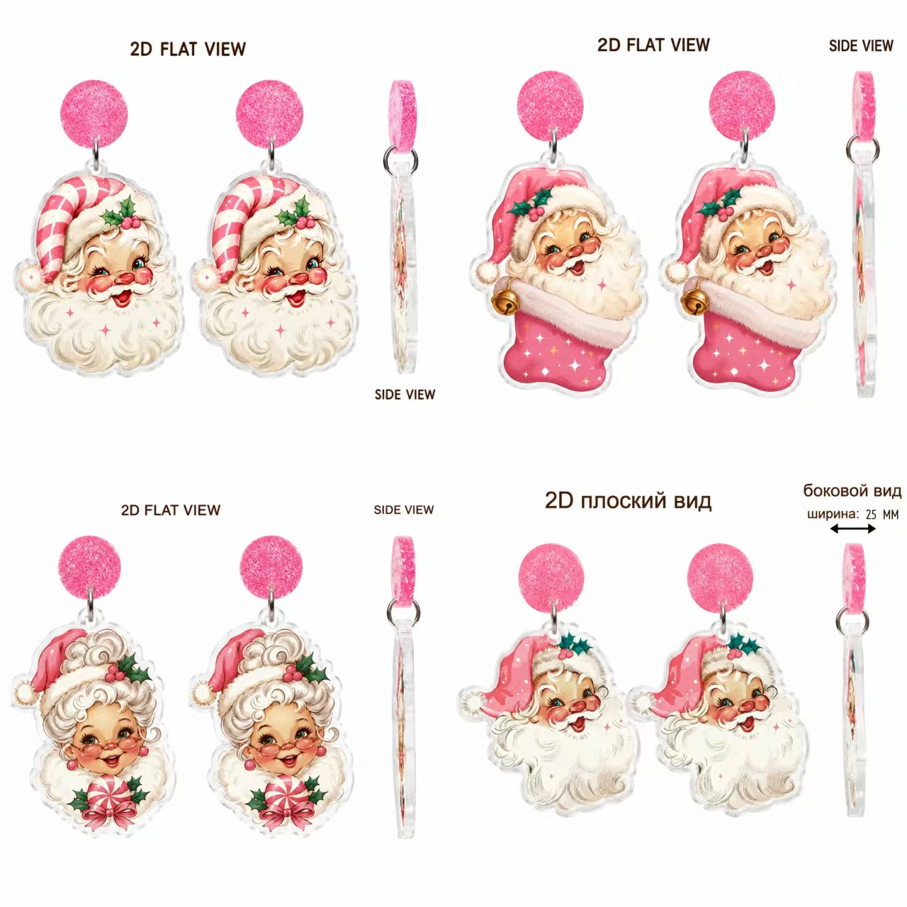 Wholesale Cute  2D Acrylic Earrings Pink Chibi Christmas Jewelry Accessory Trendy Gift