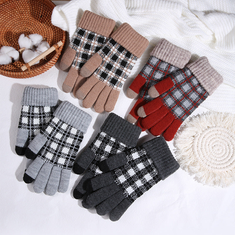 Wholesale Touchscreen Lattice with Plaid and Thickened Finger Warm Gloves