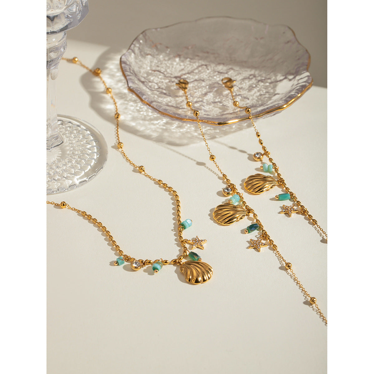 Wholesale Shell Star Inlaid Rhinestone Blue Amazonite 18k Gold Stainless Steel Necklace