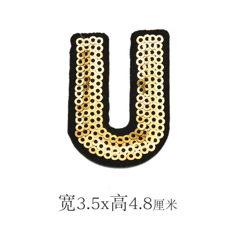 Wholesale Polyester Gold Sequin Alphabet Embroidered Patches For Coats Fashion Clothing Decorative Applique DIY Craft Supply