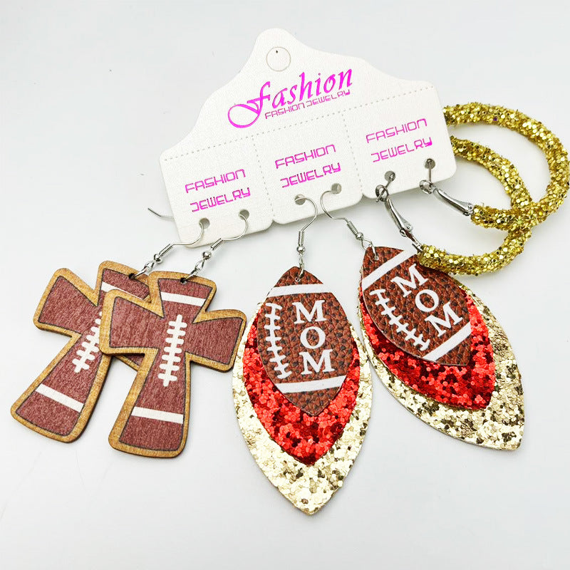 Wholesale 2 Sets Sports Rugby Field Cheer Football Cross Glitter Leather Earrings