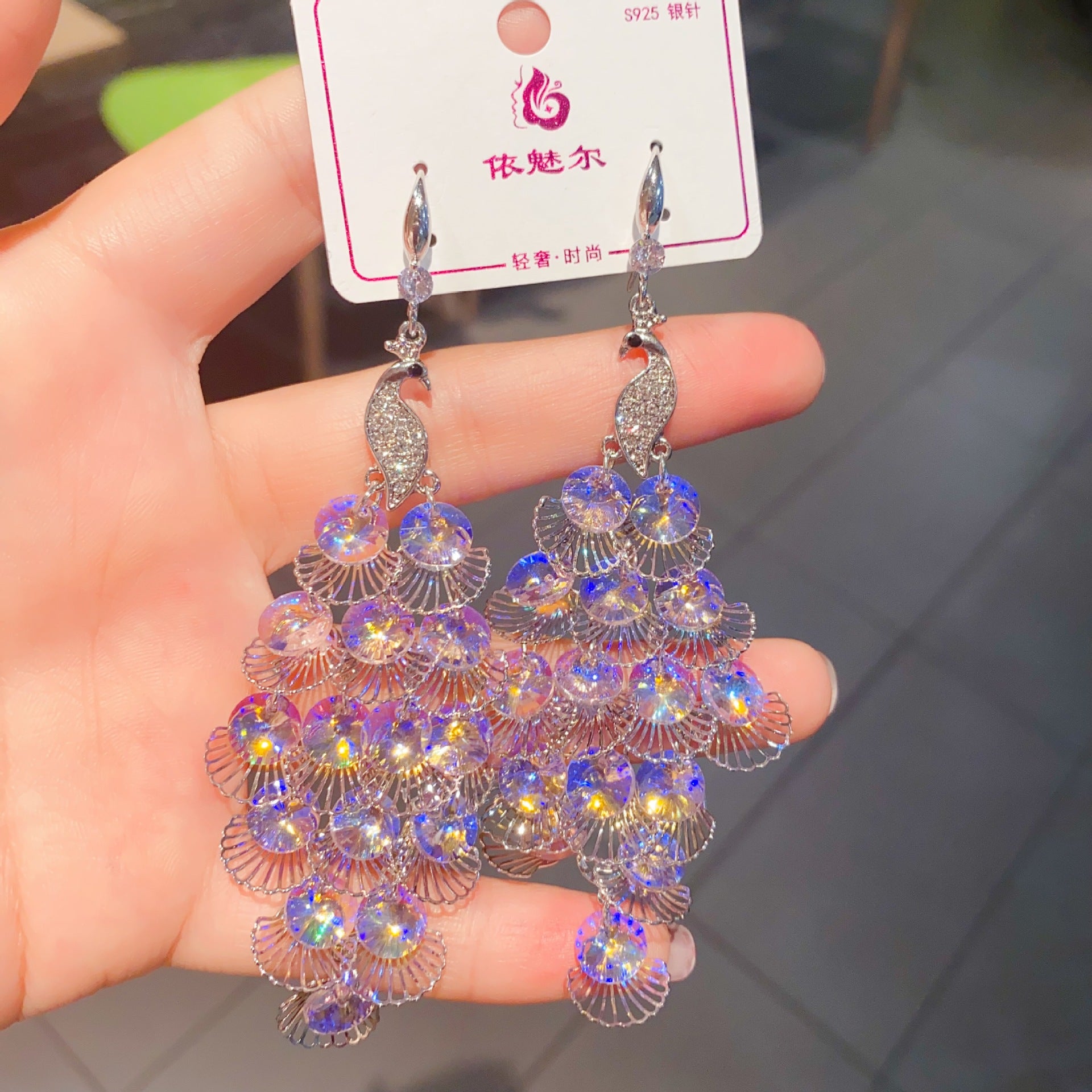 Wholesale Vintage Geometric Rhombus Crystal Peacock Earrings