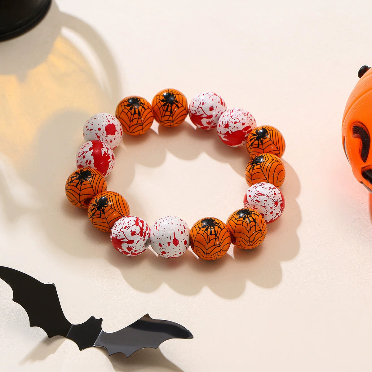 Wholesale Halloween Pumpkin Spider Punk Style Printed Wooden Bead Bracelet