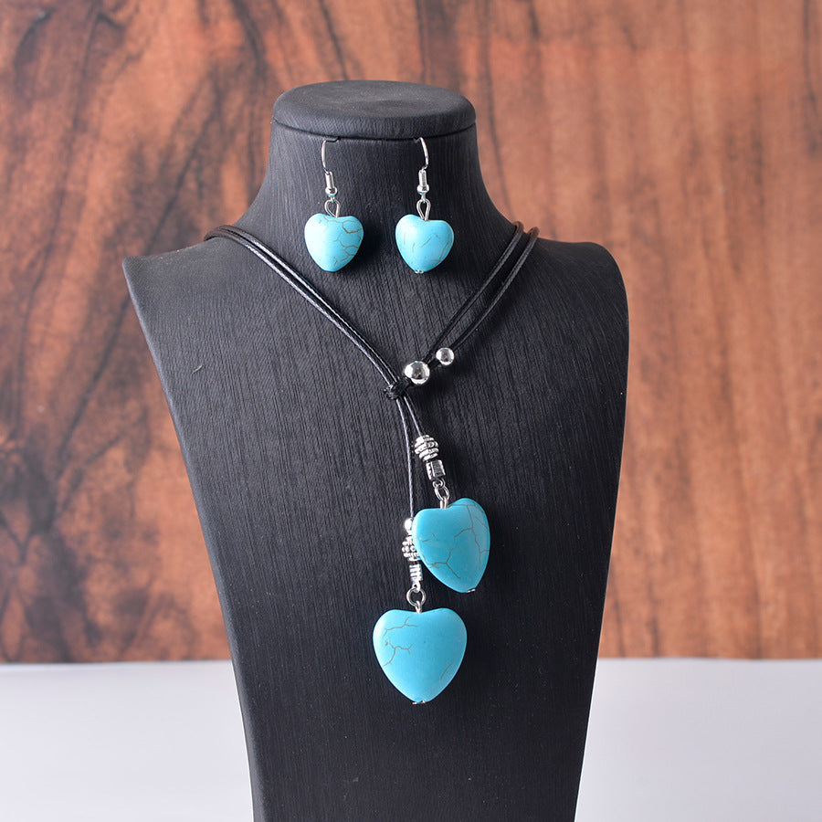 Wholesale Bohemian Long Turquoise Pendant Earrings Necklace Suit