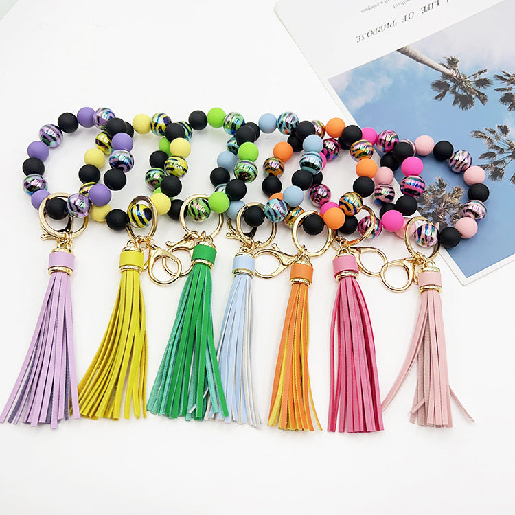 Wholesale UV Plating Colorful Zebra Stripe Handmade Acrylic Beaded Wrist Keychain