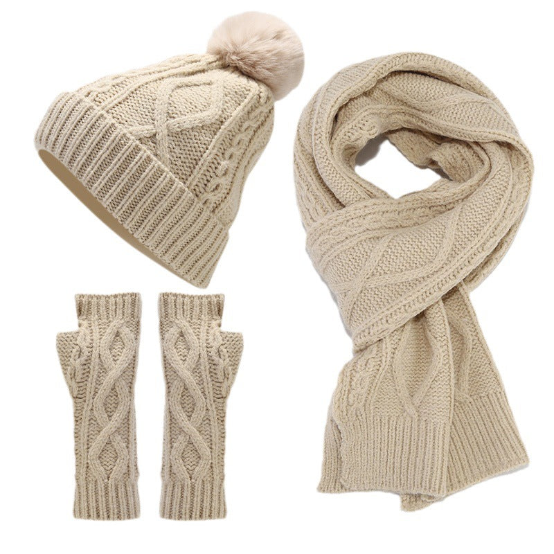 Wholesale Acrylic Fried Dough Twists Knitting Cold Proof Warm Hat Scarf Glove Suit