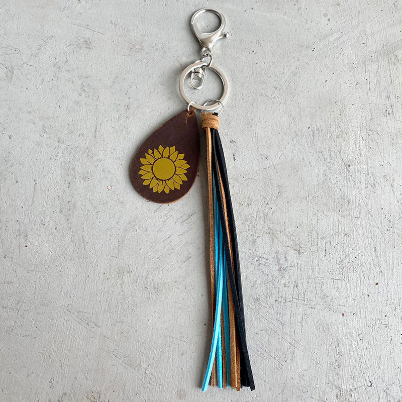 Wholesale 3pcs/pack Sun Flower Cross Tassel Leather Keychain