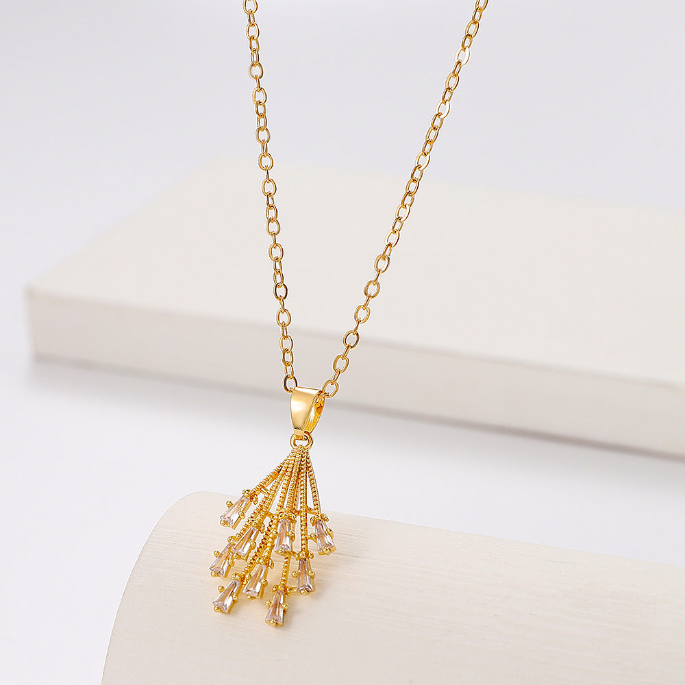 Wholesale Flower Zircon Simple Fan-Shaped Tassel Mini Skirt Necklace