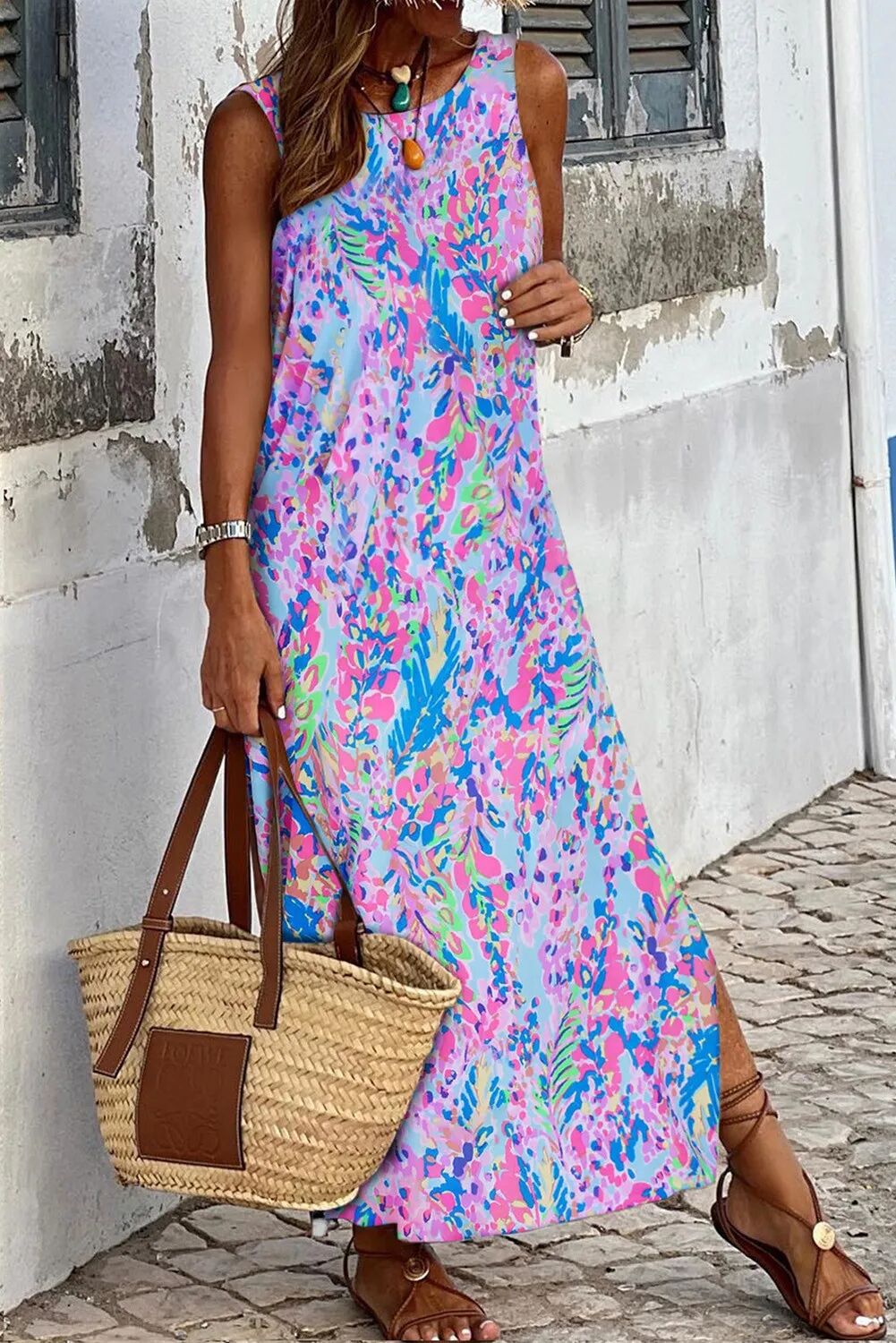 Wholesale Printed Sleeveless Round Neck Pullover Ankle Length Maxi Dress