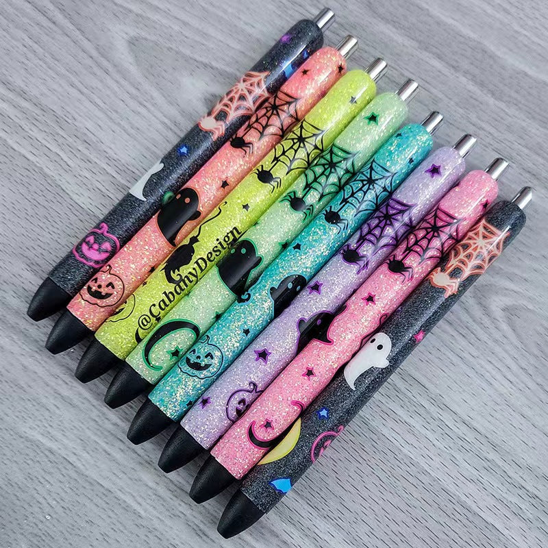 Wholesale 8pcs/PACK pens Halloween Glitter Pastel Flash Pumpkin Spider Pattern Colorful Clickable Ballpoint Pen