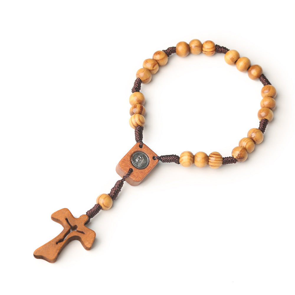 Wholesale Easter Natural Wooden Cross Rosary Bracelet 8mm Pine Beads