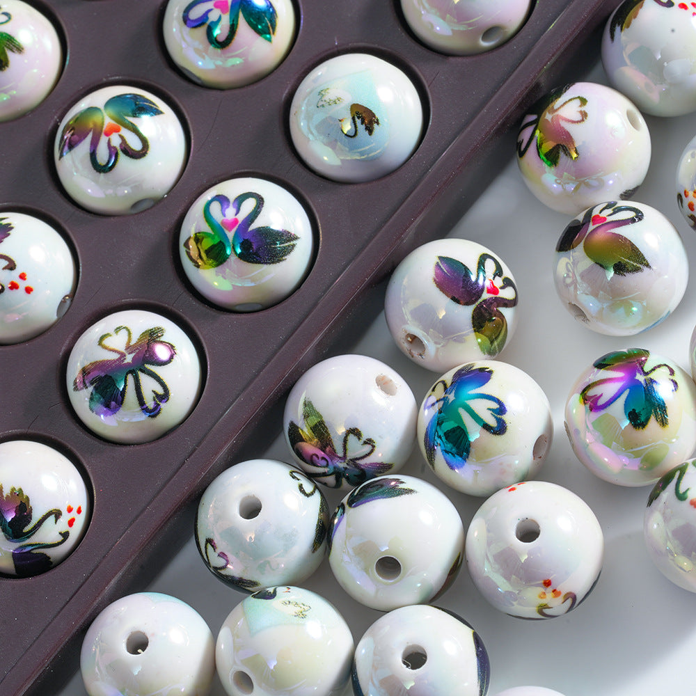 Wholesale 10pcs Black Swan Mixed Printing Beads 16mm Decorative Beads