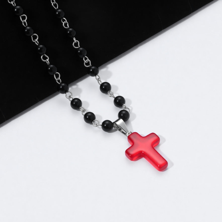 Wholesale Dark punk black bead red cross multi-element necklace