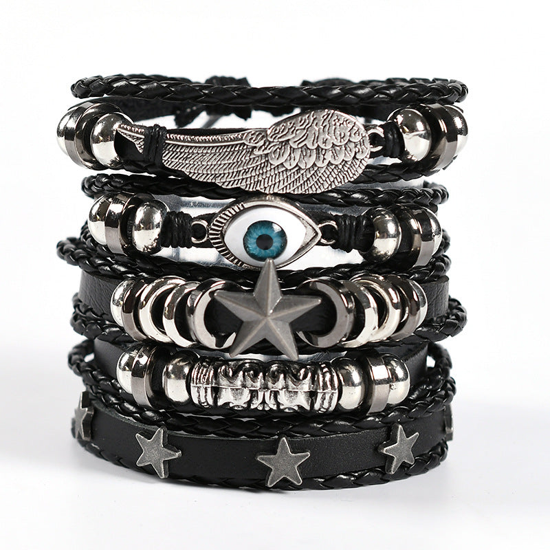 Wholesale Men's Braided Leather Bracelet Multi-layer Set Skull Bracelet