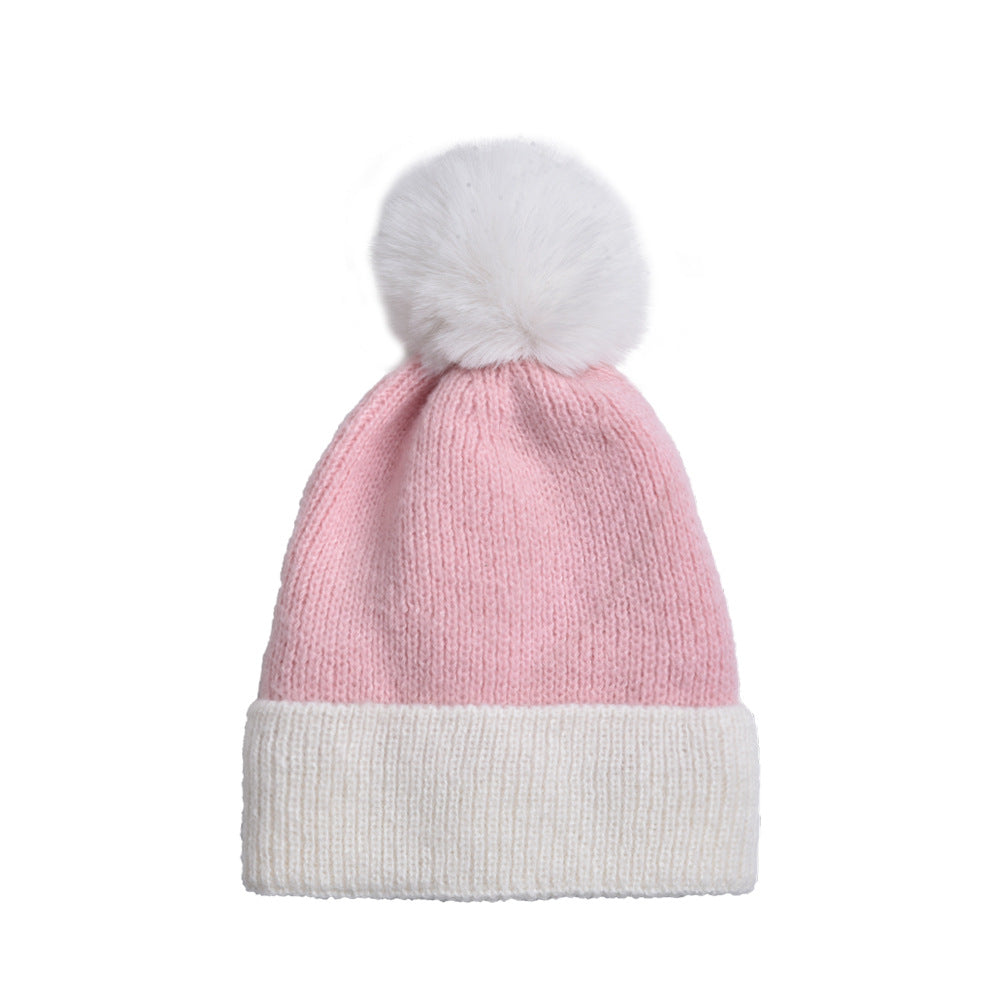 Wholesale Wool Ball Color Matching Knitted Hat Autumn and Winter Plus Velvet Thickened Windproof and Cold-proof Woolen Hat