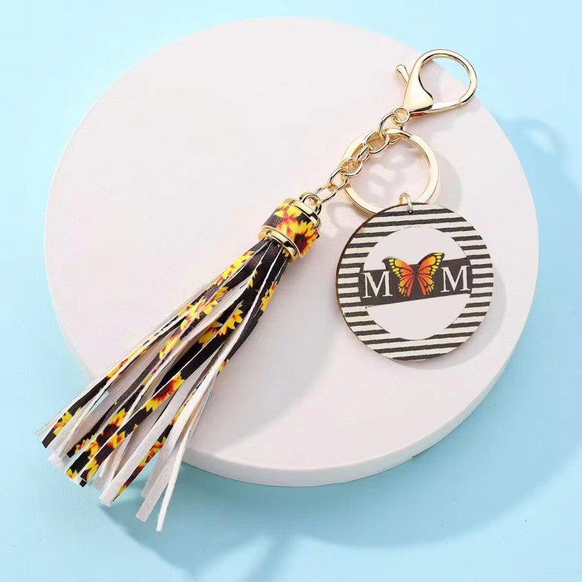 Wholesale Leather Tassel Mom Wooden Sign Keychain