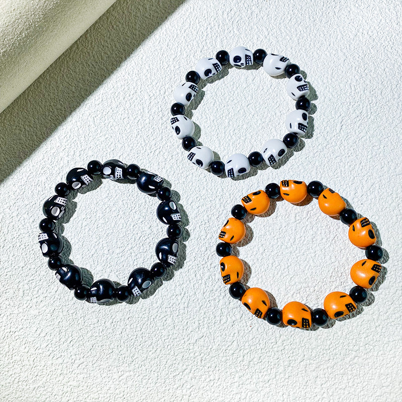 Wholesale Halloween  Black and White Skull Beaded Bracelet Unisex Hip Hop Punk Bracelet Diablo Vintage Bracelet