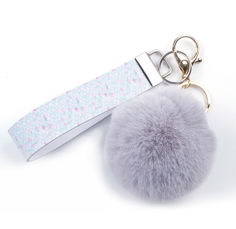 Wholesale Fur Ball PU Leather Lanyard