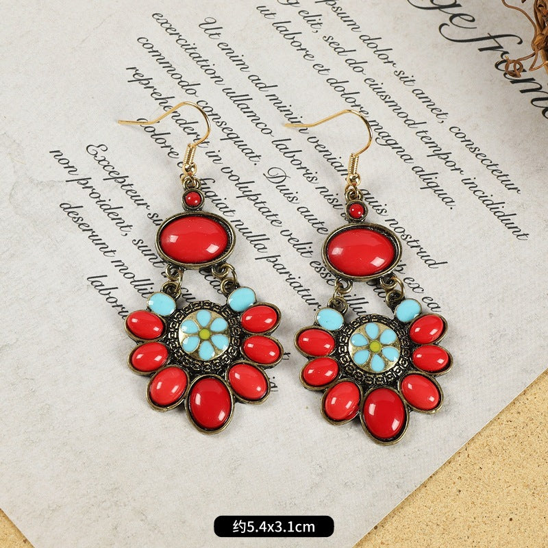 Wholesale Alloy Electroplated Retro Tassel Earrings For Women Ethnic Contrast Color Long Earrings Vacation Style Fashion Accessory