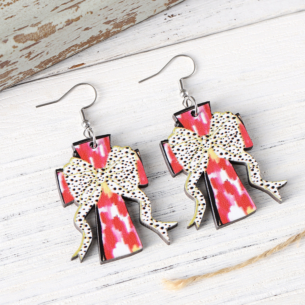 Wholesale Polka Dot Bow Painted Cross Pendant Earrings Double-Sided Earrings
