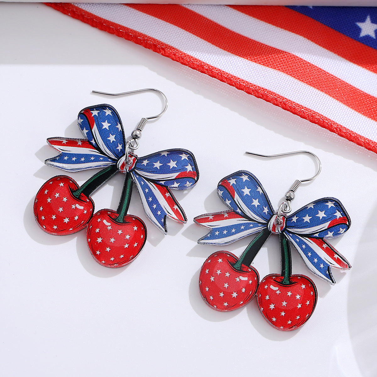 Wholesale New Independence Day Red White Blue Bow Cherry American Flag Pendant Earrings Acrylic Earrings