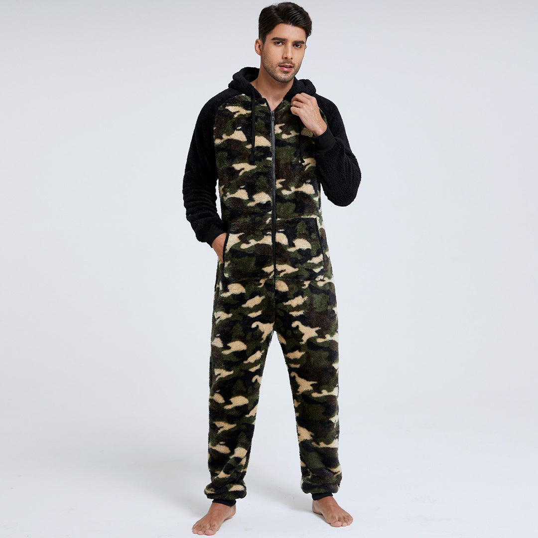 Wholesale Men's Hooded Thickened Double-sided Velvet Camouflage Jumpsuit Home Wear Pajamas