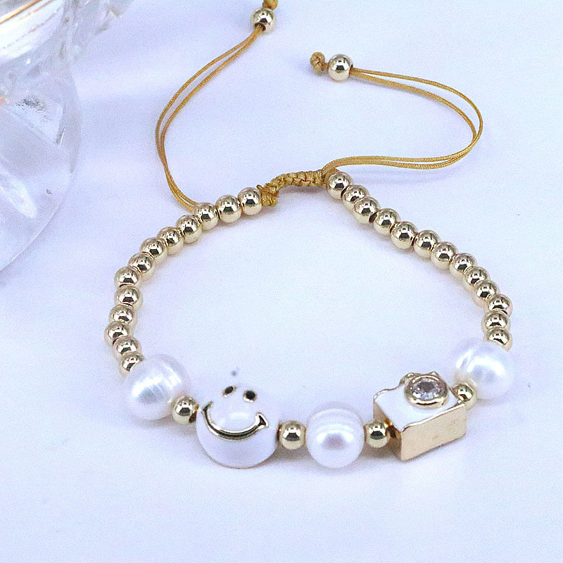 Wholesale Colorful Drops Oil Smile Zircon Freshwater Pearl Round Bead Braided Copper Bracelet