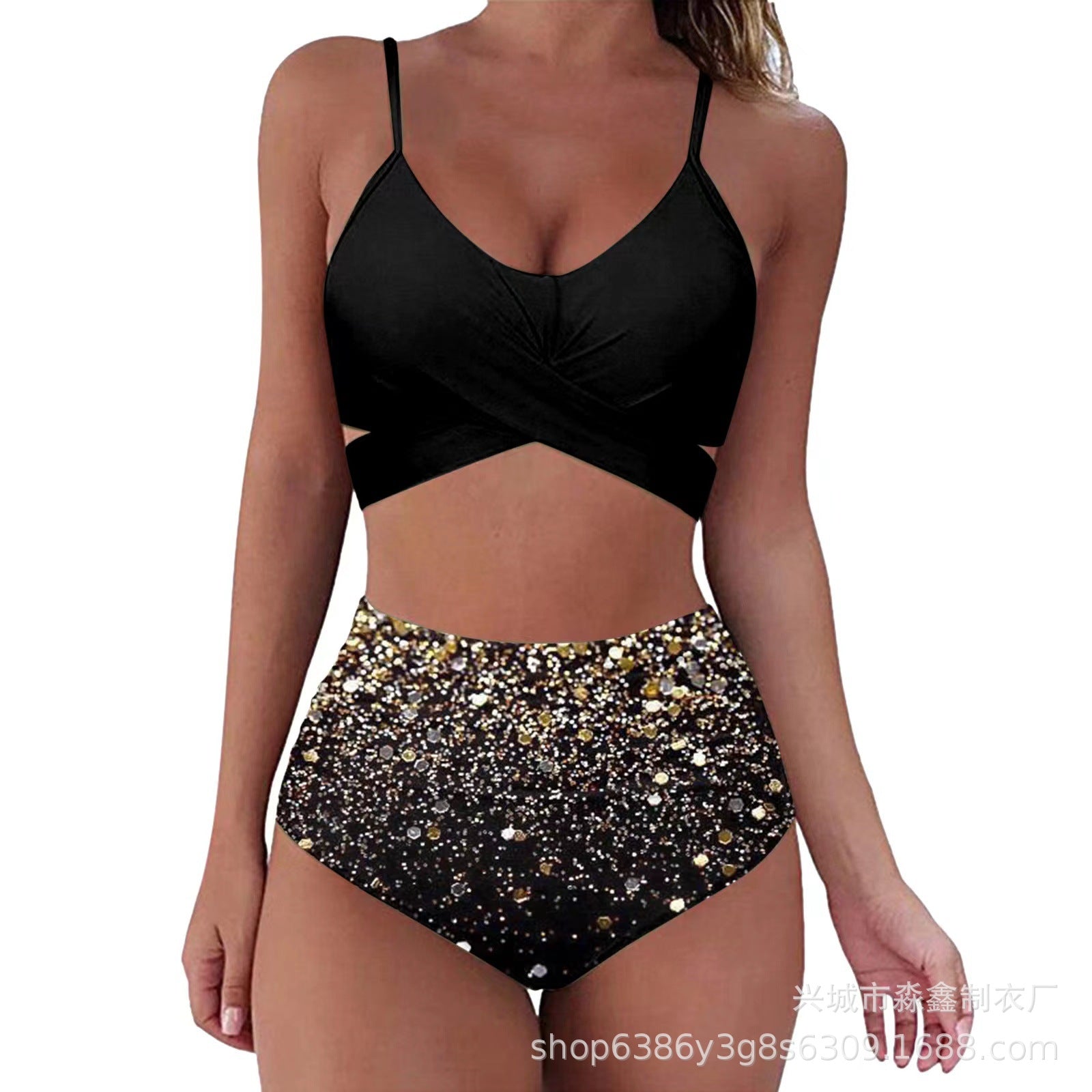 Wholesale Color Cross High Waist Split Polyester Swimwear