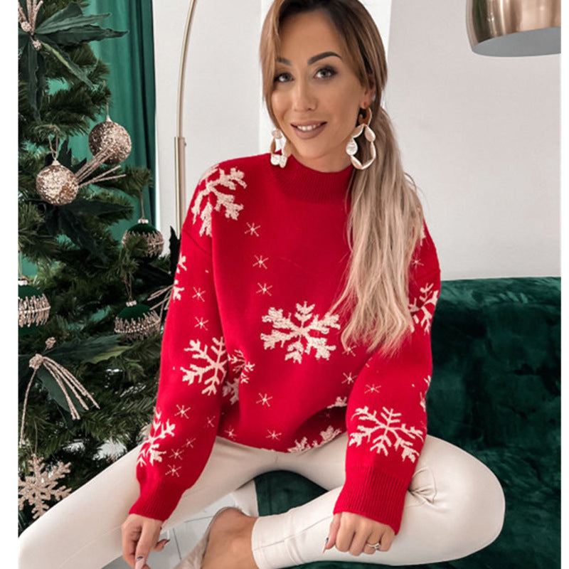 Wholesale Snowflake Towel Embroidered Half-turtleneck Themed Christmas Sweater