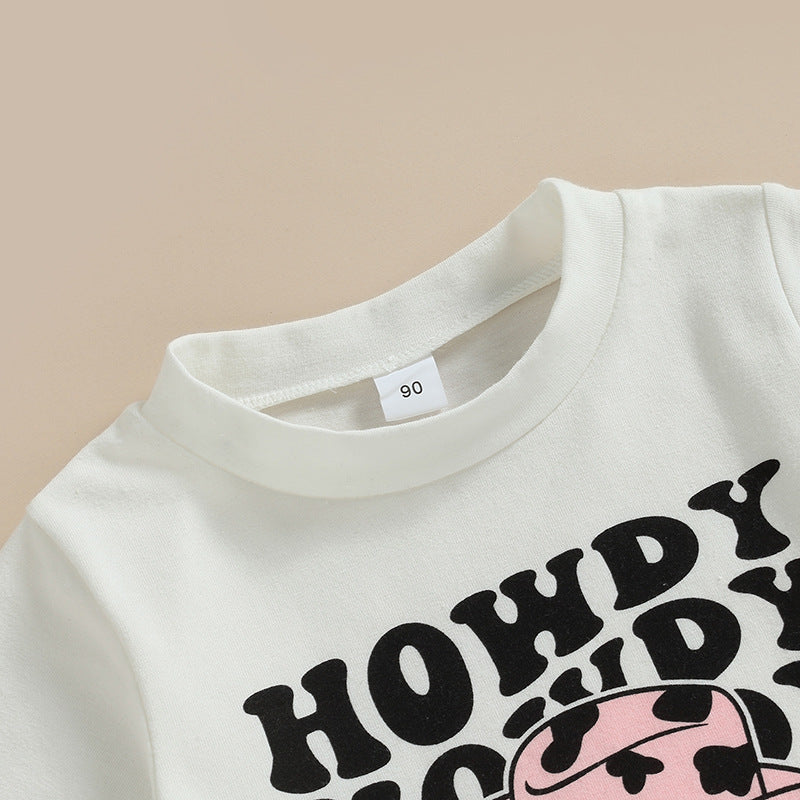 Wholesale Cotton Children's Letter Hat T-shirt Plum Color Tassel Bell Pants Suit