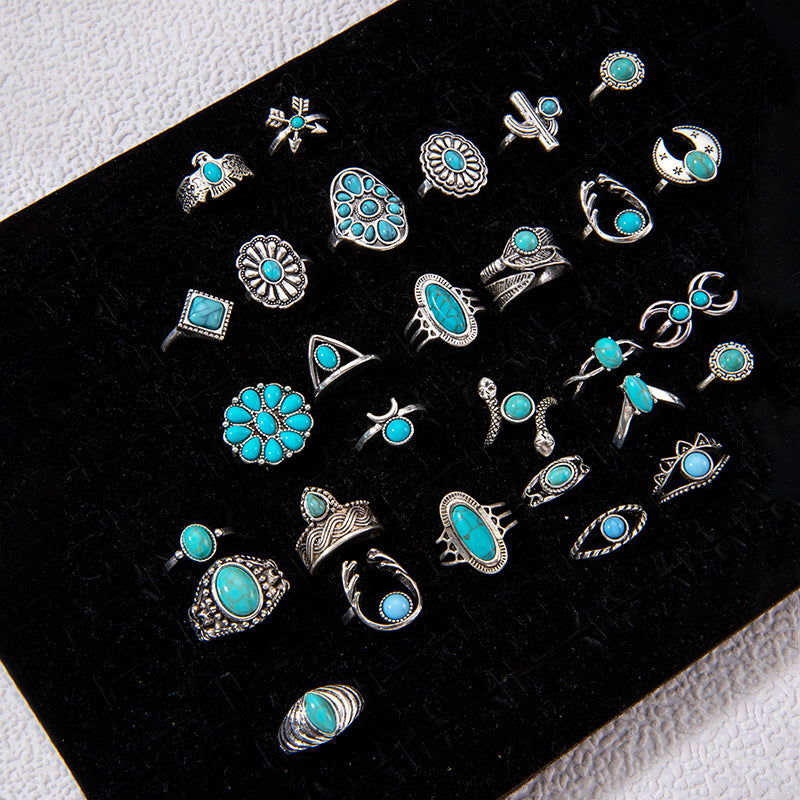 Wholesale Retro Turquoise Ring Ethnic Style Oval Cross Geometric Ring