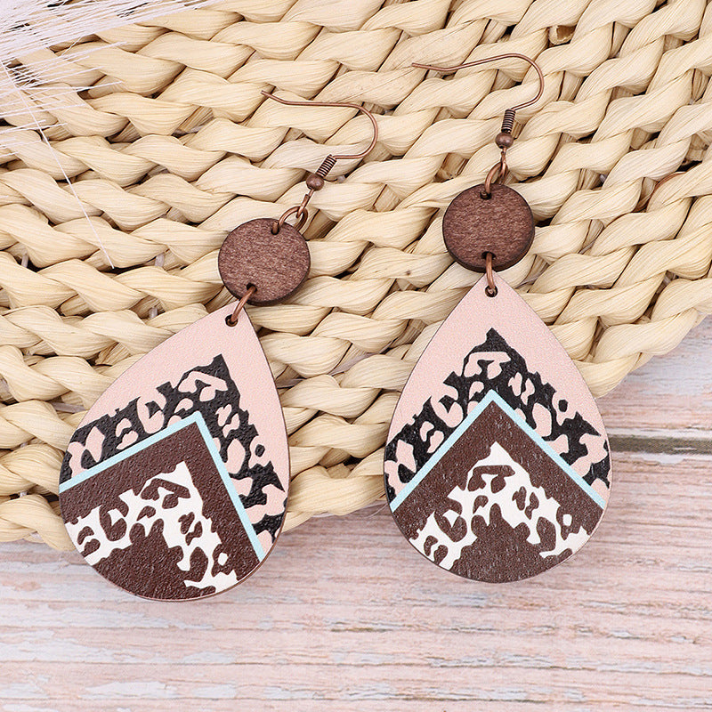 Wholesale Vintage Leopard Print Leather Wood Chip Teardrop Earrings