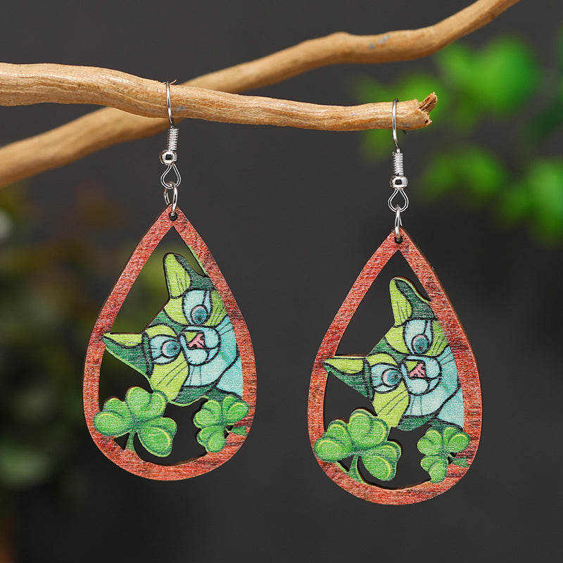 Wholesale Patrick's Day Four Leaf Clover Water Drop Wooden Earrings