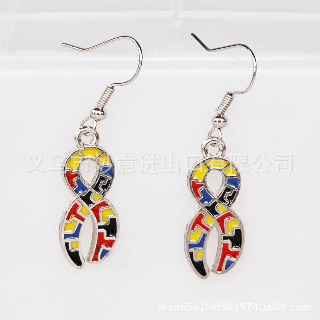 Wholesale 2PCS/Pack Color Puzzle Earrings Alloy Dropping Oil Puzzle Autism Ladies Earrings