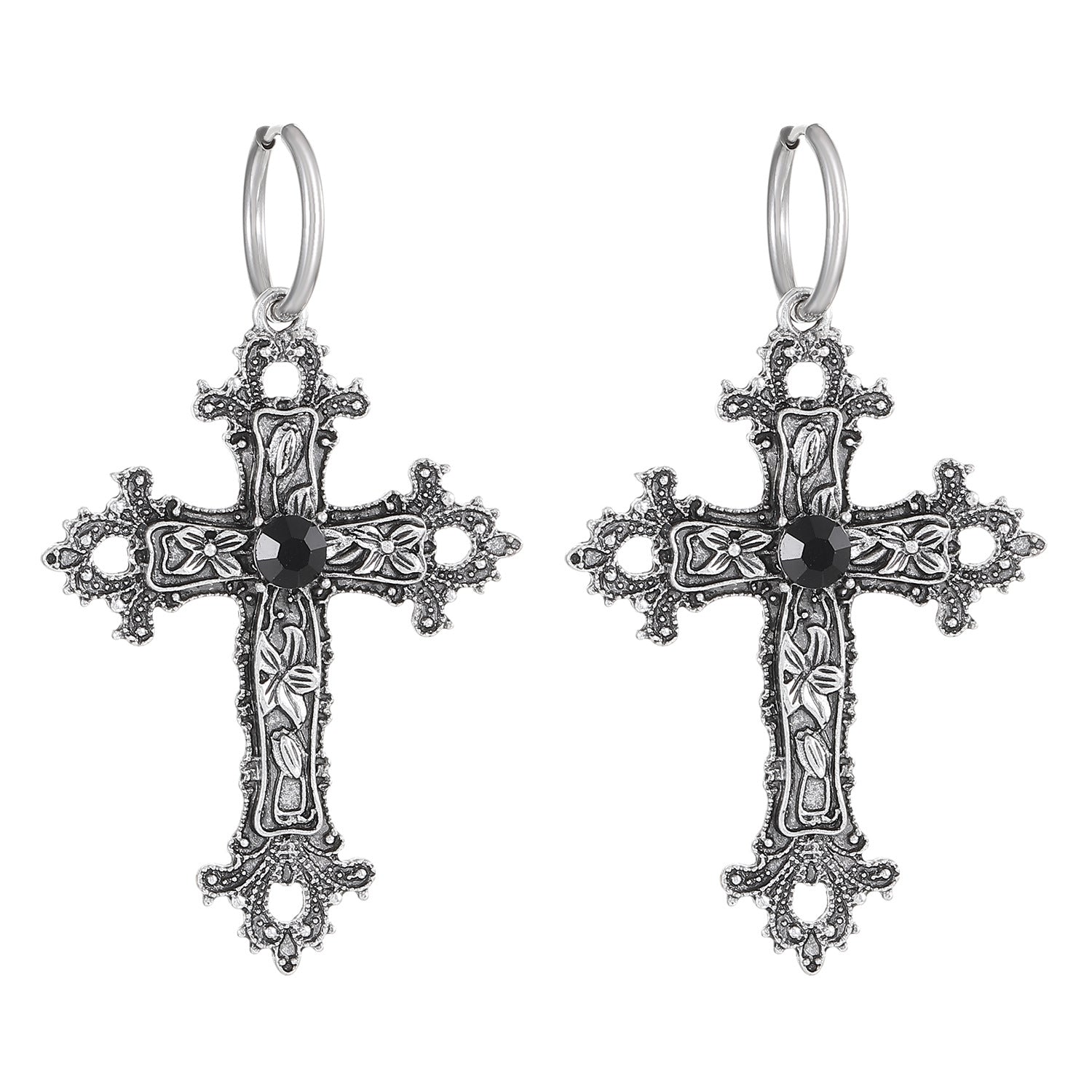 Wholesale Ancient silver flower vine cross gothic retro hip-hop exaggerated earrings