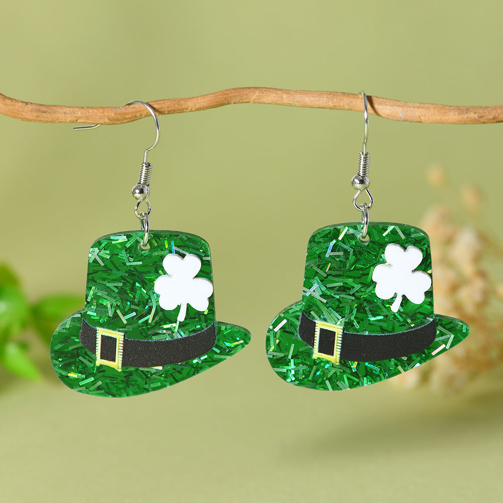 Wholesale St. Patrick's Day Green Hat Lucky Grass Clover Exaggerated Carnival Acrylic Double-Sided Earrings