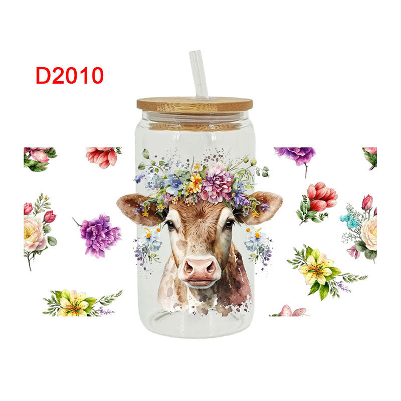 Wholesale Colorful Flower Cow   16oz Cup UV DTF Wraps