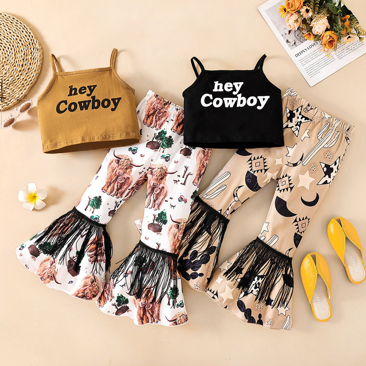 Wholesale Polyester Clothes Letter Suspenders Flared Pants Fashionable Two Piece Set