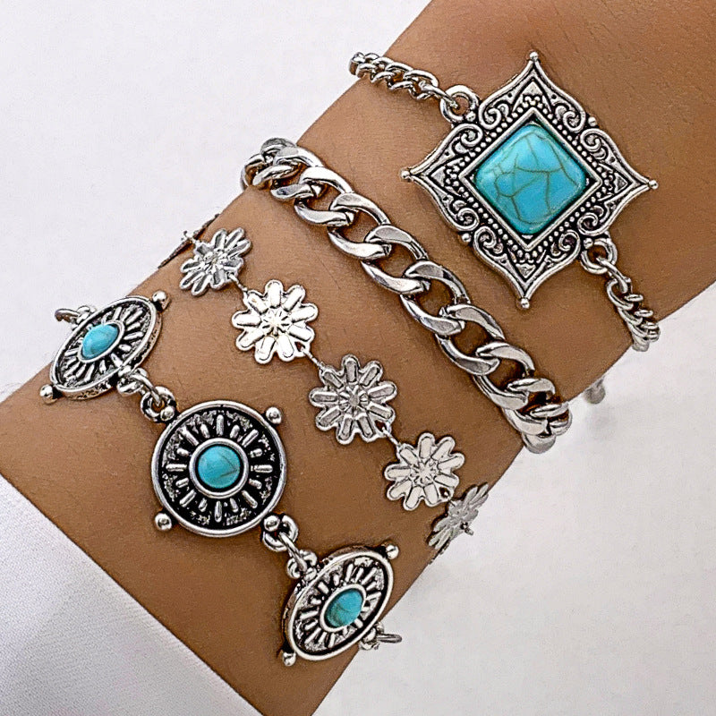 Wholesale Bohemian Set Turquoise Leaf Bracelet Ethnic Bow Flower Turquoise Bracelet suit