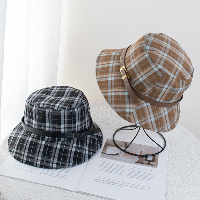 Wholesale British Vintage Plaid Fisherman Hat Children's Belt Buckle Sun Protection Basin Hat Face Showing Small Sun Hat