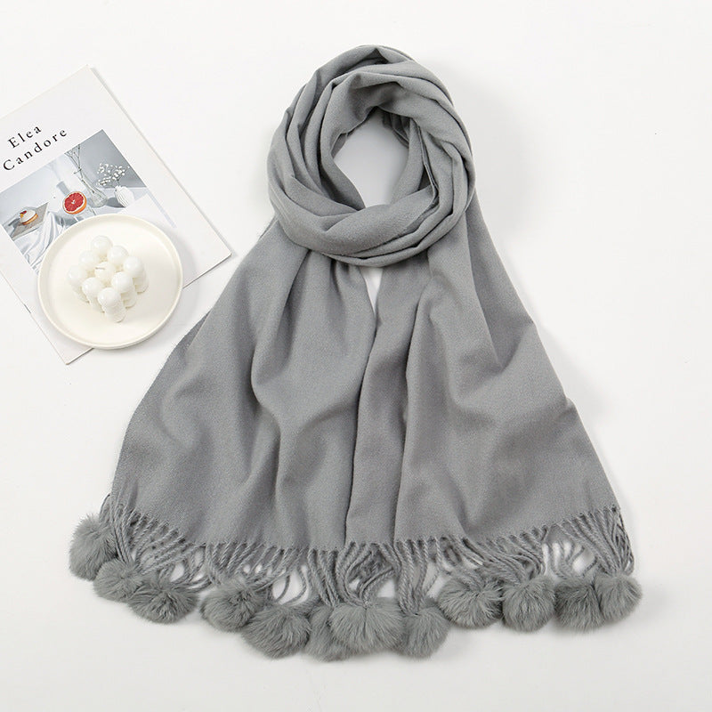 Wholesale Autumn and Winter Imitation Cashmere Scarves, Solid Color Tassel Wool Ball and Plush Necklaces