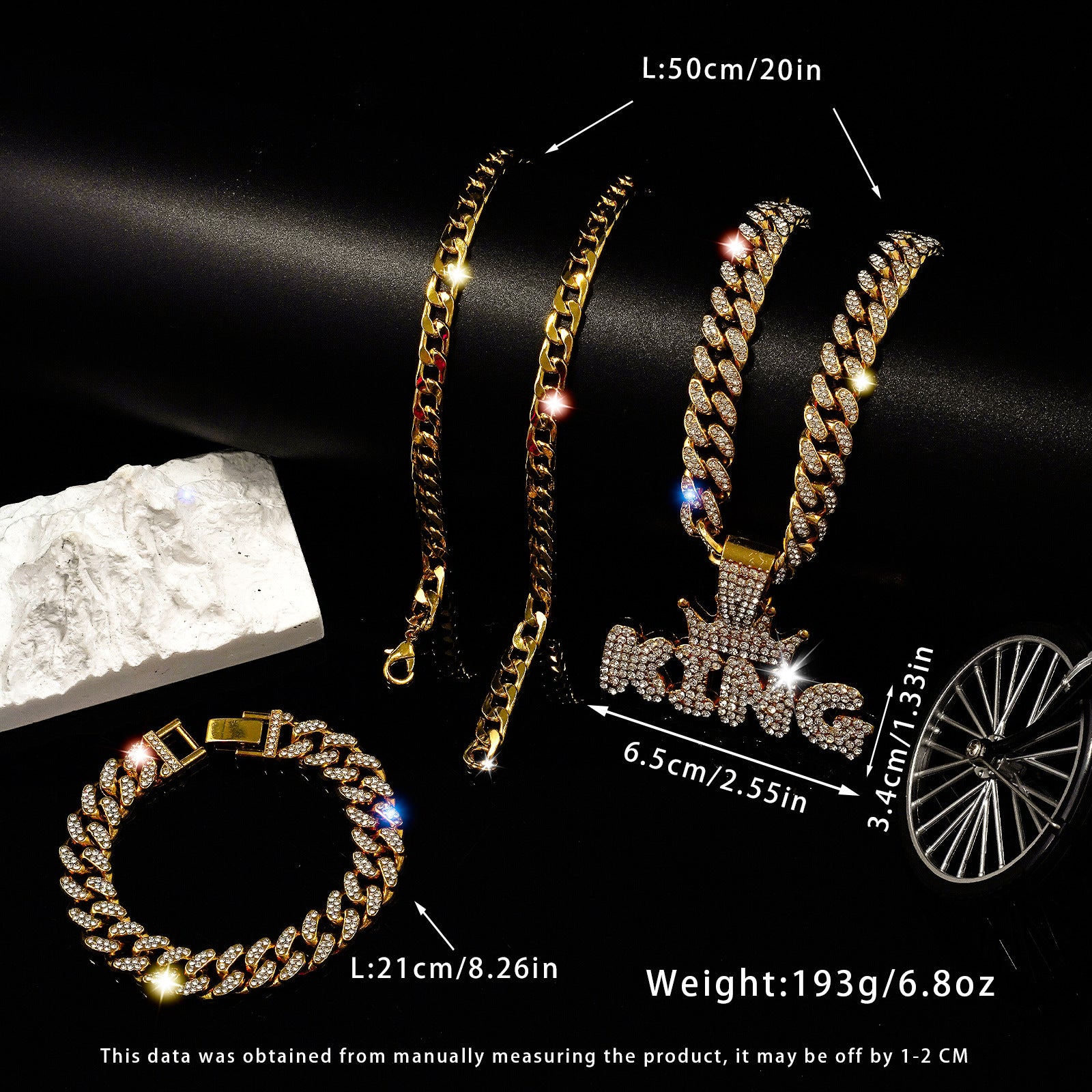 Wholesale Crown King Hip Hop Full Diamond Cuban Chain Bracelet Three-Piece Set