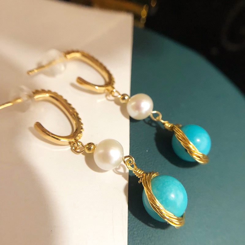 Wholesale Natural pearl hand wound turquoise long earrings